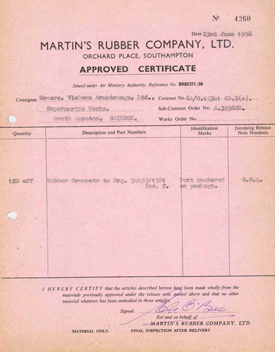 Martins Rubber Air Ministry Approval 1958 Martins Rubber Air Ministry Approval 1958