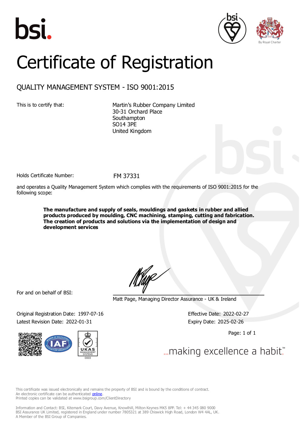 ISO Certificate FM 37331 2022 to 2025
